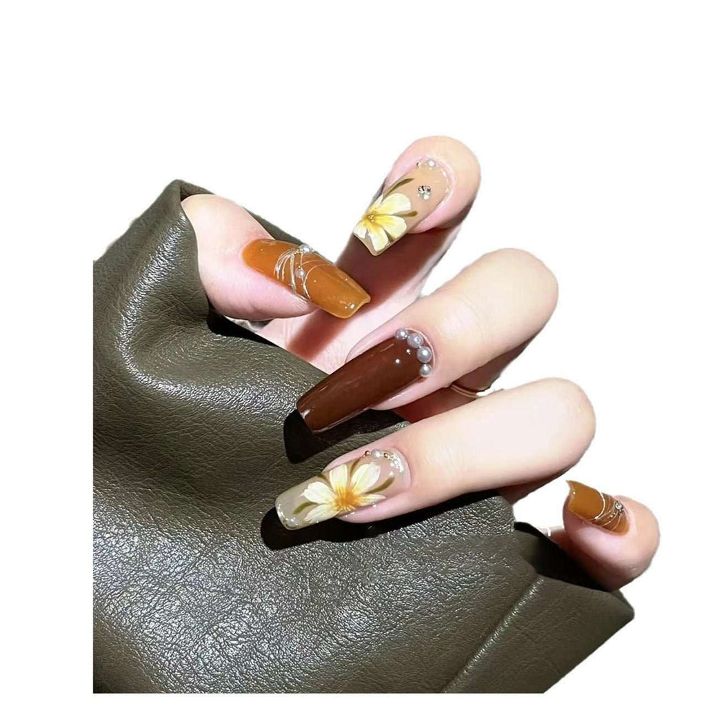Long Coffin Press - On Nails - Caramel Brown & White Camellia with Pearls - lynnsnail