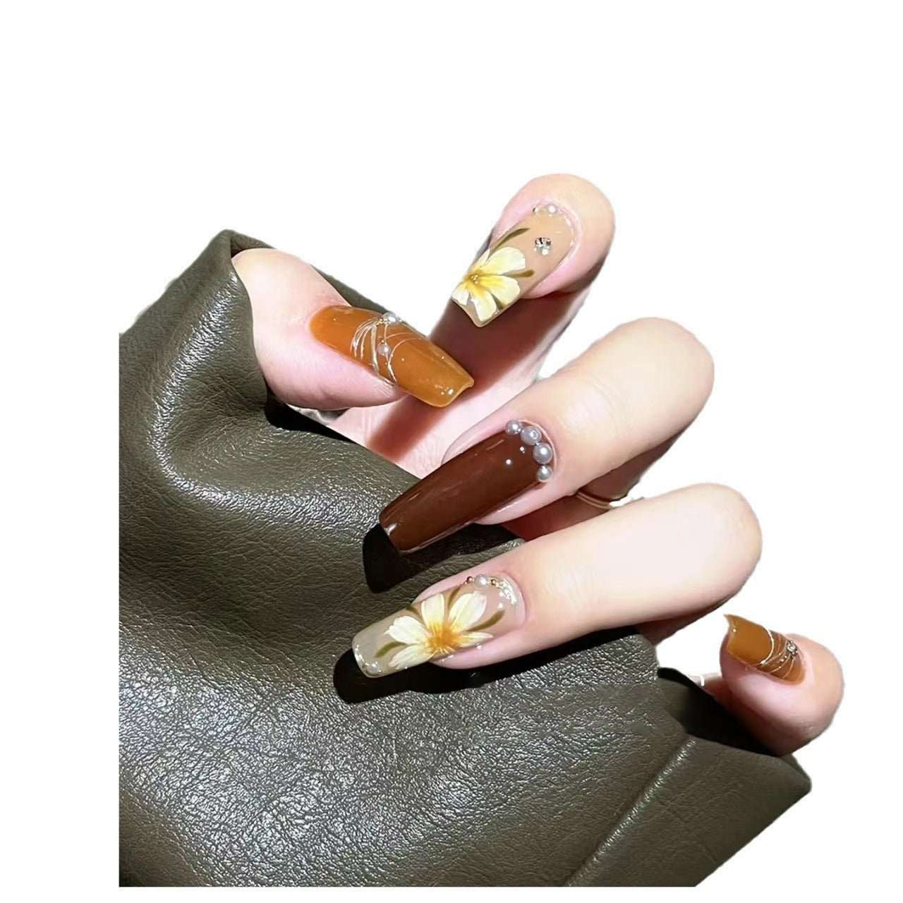 Long Coffin Press - On Nails - Caramel Brown & White Camellia with Pearls - lynnsnail