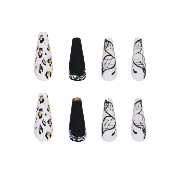 Long Coffin Press - On Nails - Matte Black with Butterfly & Leopard Print - lynnsnail