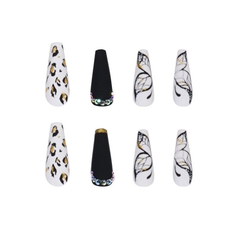 Long Coffin Press - On Nails - Matte Black with Butterfly & Leopard Print - lynnsnail