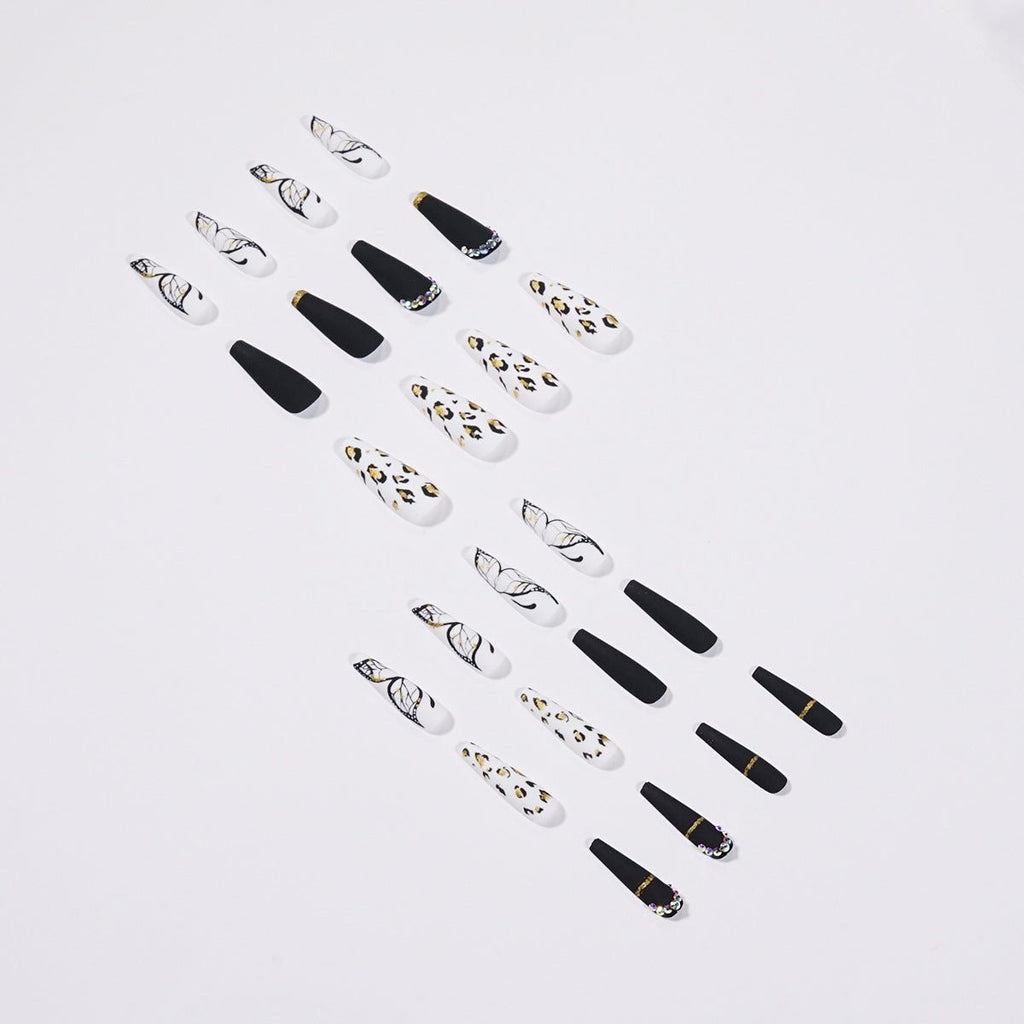 Long Coffin Press - On Nails - Matte Black with Butterfly & Leopard Print - lynnsnail