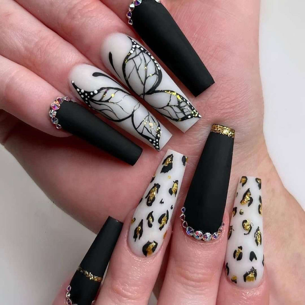 Long Coffin Press - On Nails - Matte Black with Butterfly & Leopard Print - lynnsnail