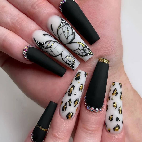 Long Coffin Press - On Nails - Matte Black with Butterfly & Leopard Print - lynnsnail