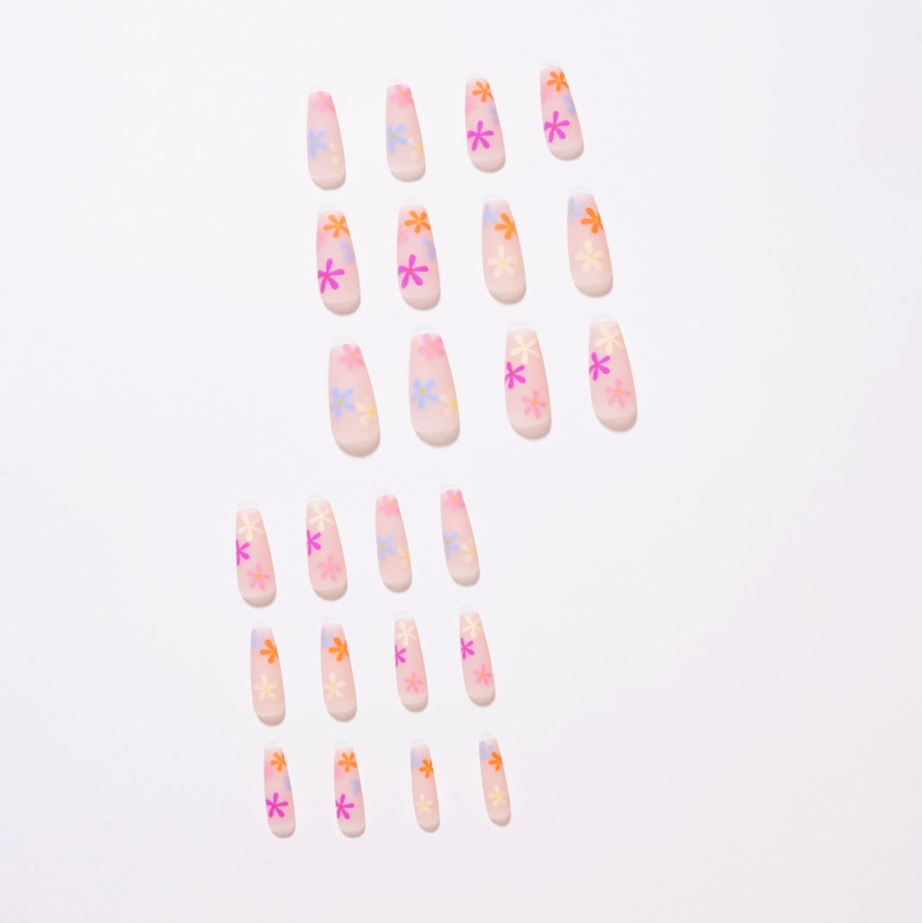Long Coffin Press - On Nails - Matte Nude with Rainbow Flowers - lynnsnail