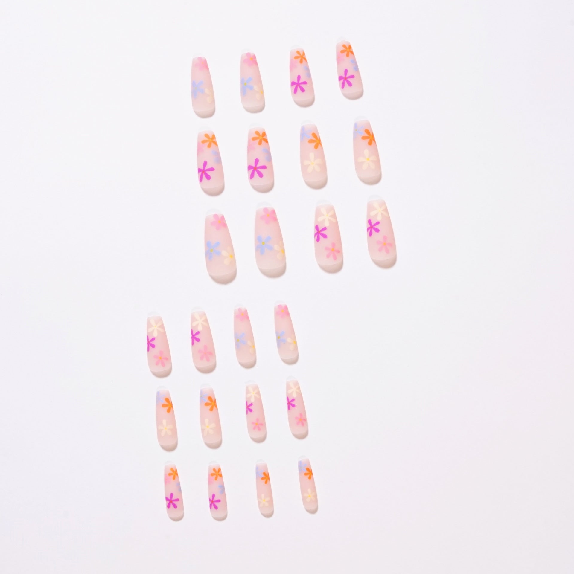 Long Coffin Press - On Nails - Matte Nude with Rainbow Flowers - lynnsnail