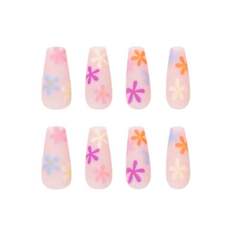 Long Coffin Press - On Nails - Matte Nude with Rainbow Flowers - lynnsnail