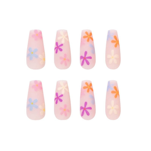 Long Coffin Press - On Nails - Matte Nude with Rainbow Flowers - lynnsnail