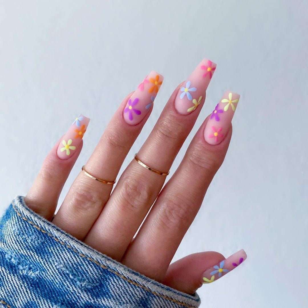 Long Coffin Press - On Nails - Matte Nude with Rainbow Flowers - lynnsnail