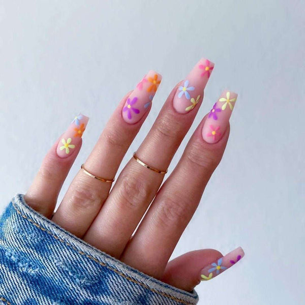 Long Coffin Press - On Nails - Matte Nude with Rainbow Flowers - lynnsnail