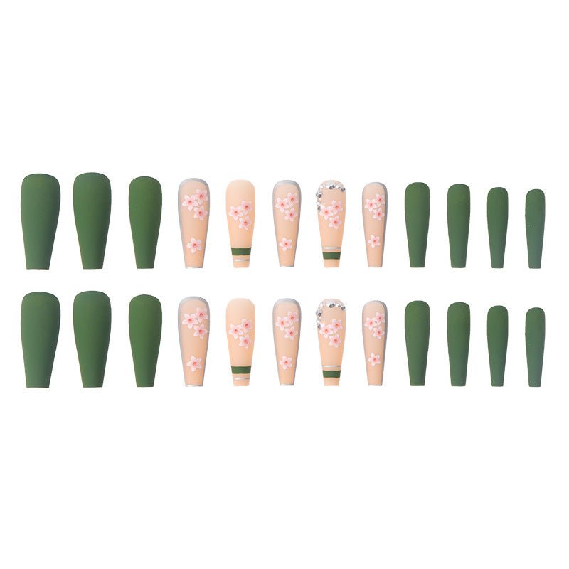 Long Coffin Press - On Nails - Matte Olive Green with Pink Sakura Flowers - lynnsnail