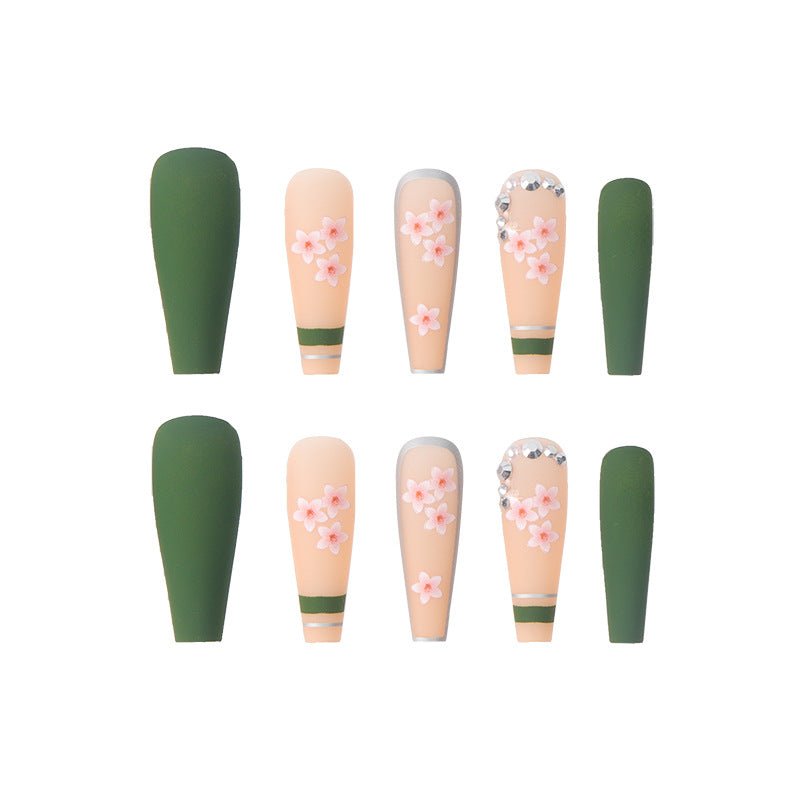 Long Coffin Press - On Nails - Matte Olive Green with Pink Sakura Flowers - lynnsnail