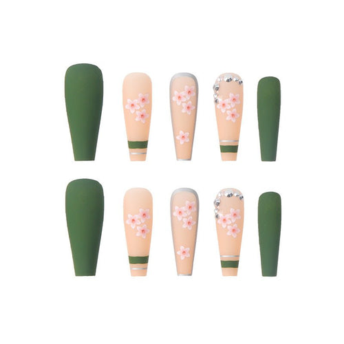Long Coffin Press - On Nails - Matte Olive Green with Pink Sakura Flowers - lynnsnail
