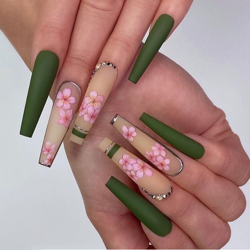 Long Coffin Press - On Nails - Matte Olive Green with Pink Sakura Flowers - lynnsnail