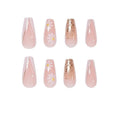 Long Coffin Press - On Nails - Nude Pink with White Daisies & Gold Glitter - lynnsnail