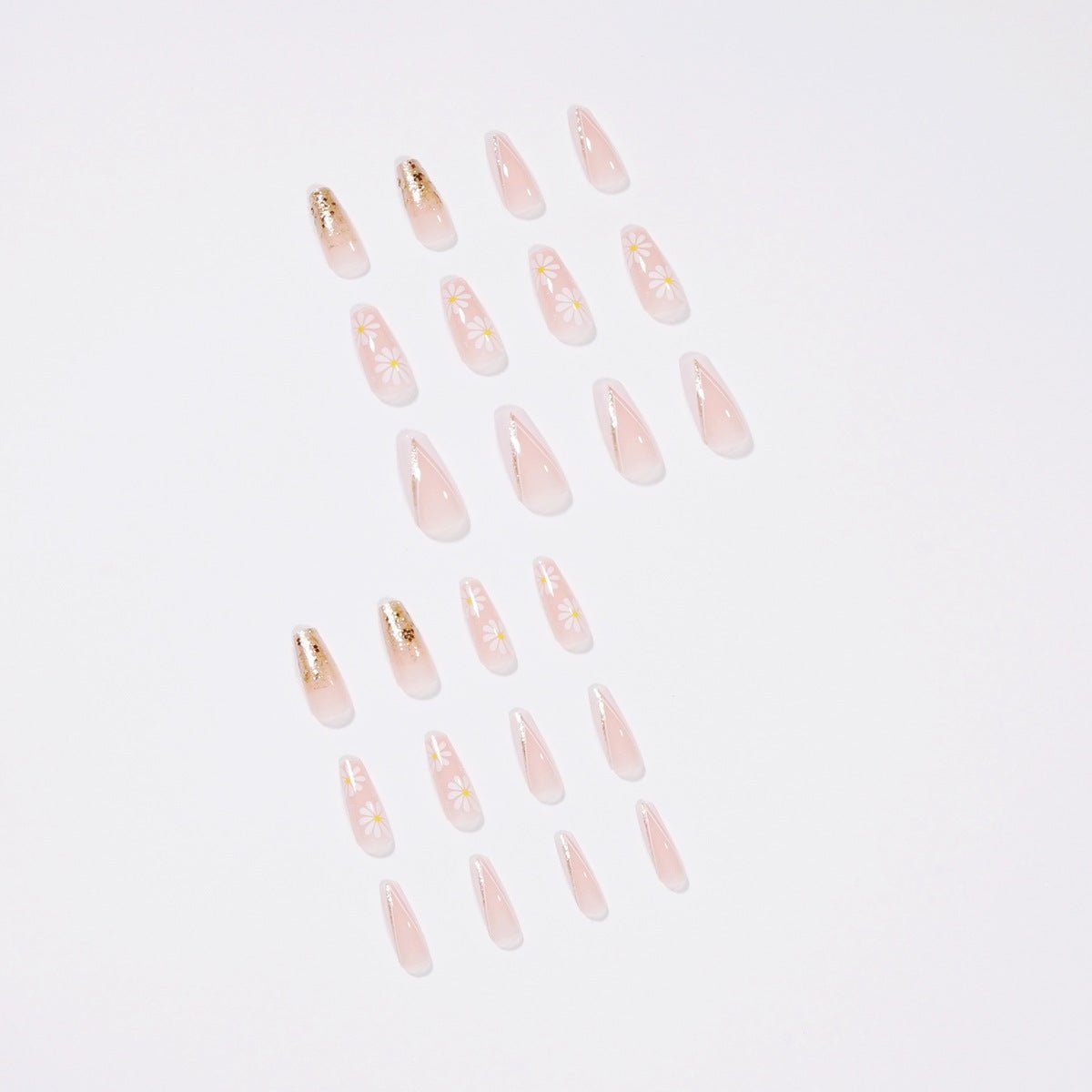 Long Coffin Press - On Nails - Nude Pink with White Daisies & Gold Glitter - lynnsnail