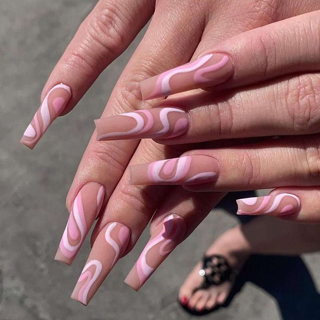 Long Coffin Press - On Nails - Nude with Pink & White Abstract Swirls - lynnsnail