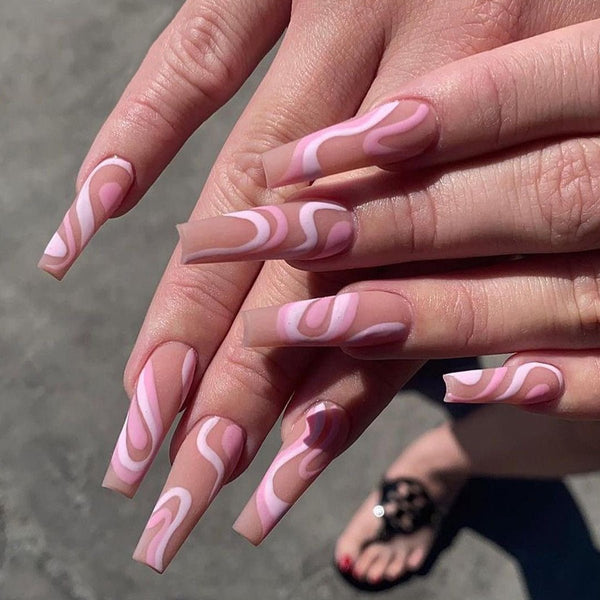 Long Coffin Press - On Nails - Nude with Pink & White Abstract Swirls - lynnsnail