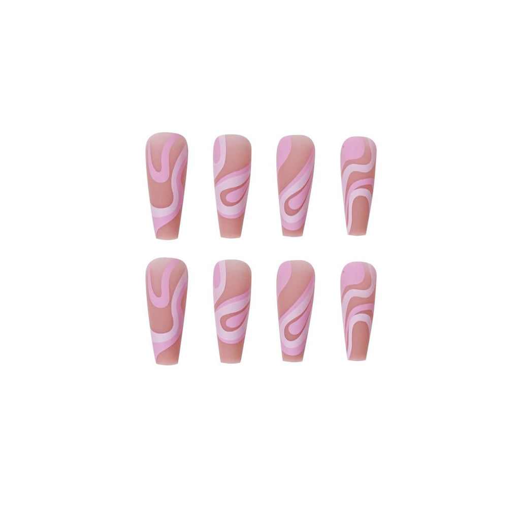Long Coffin Press - On Nails - Nude with Pink & White Abstract Swirls - lynnsnail