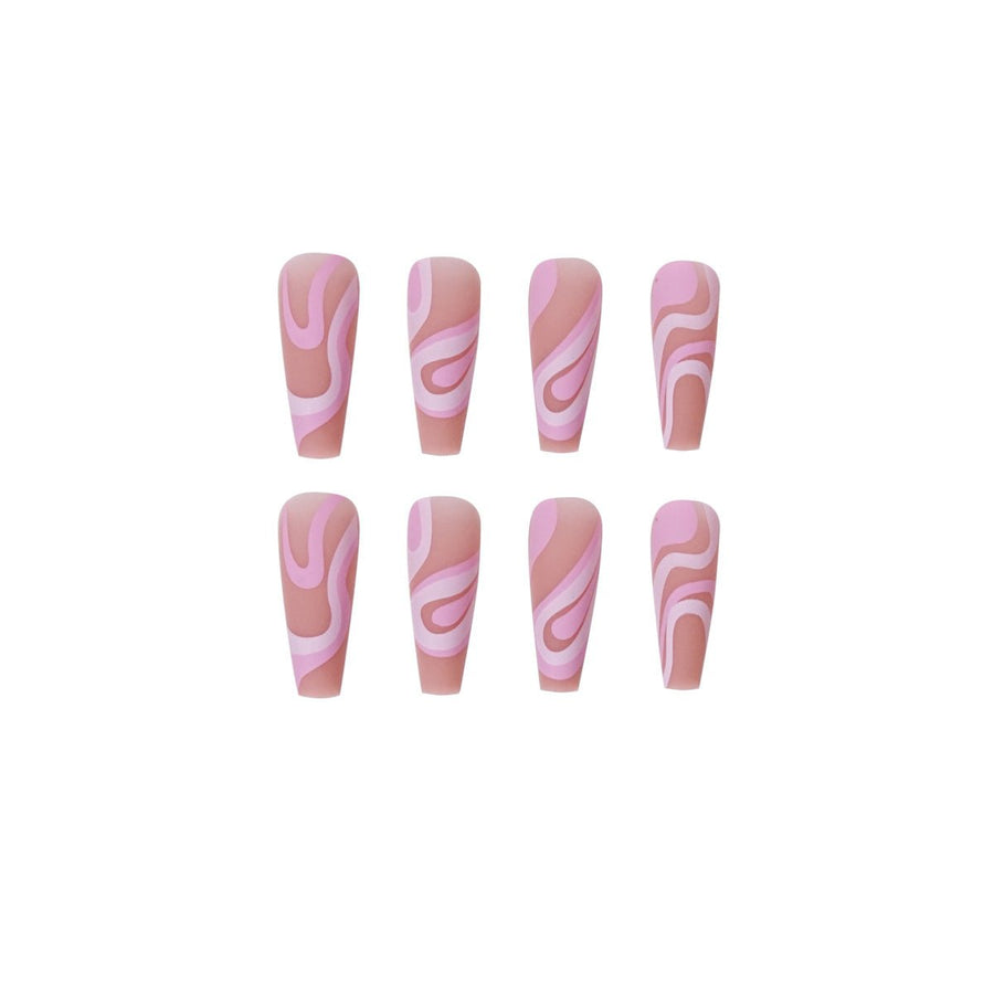 Long Coffin Press-On Nails - Nude with Pink & White Abstract Swirls