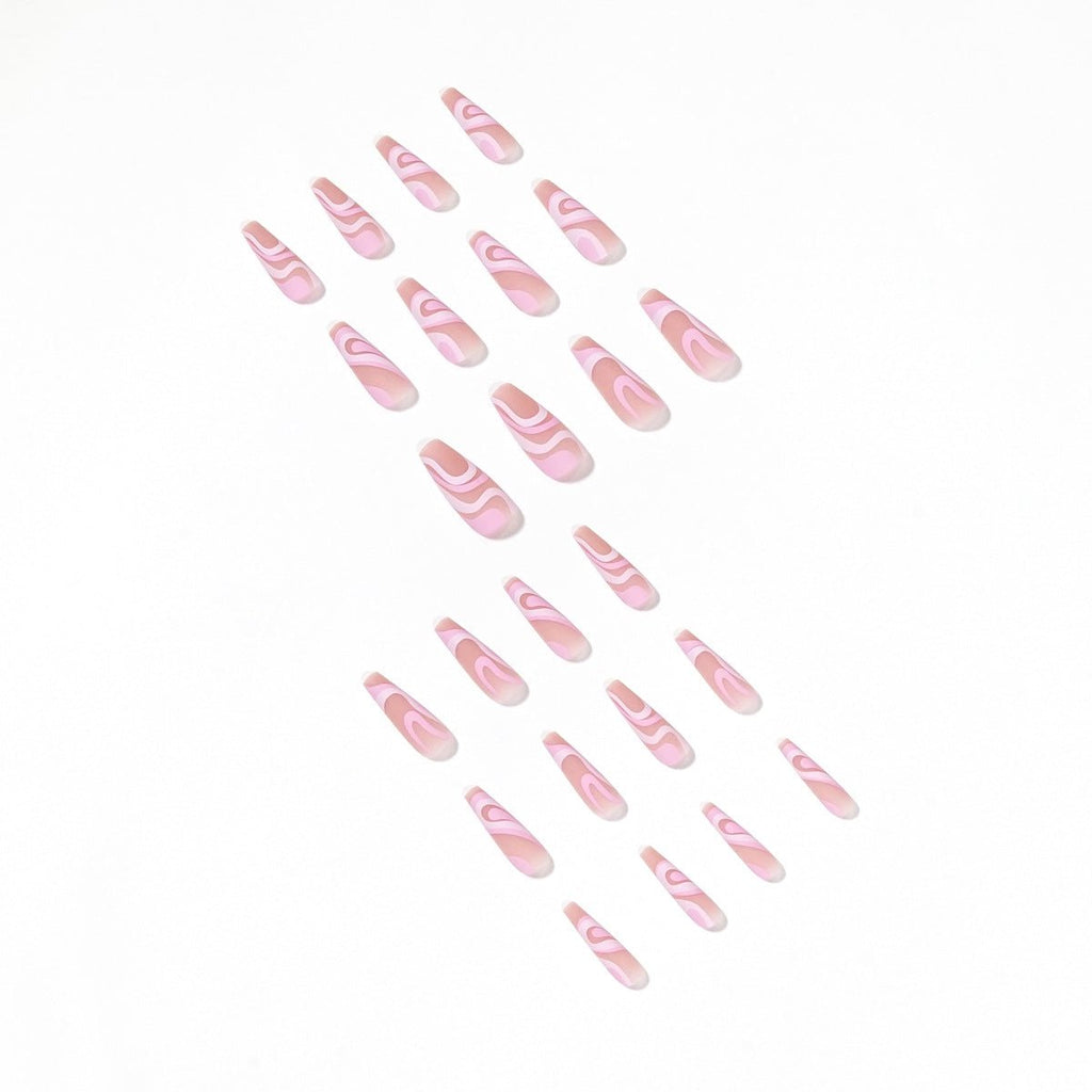 Long Coffin Press - On Nails - Nude with Pink & White Abstract Swirls - lynnsnail