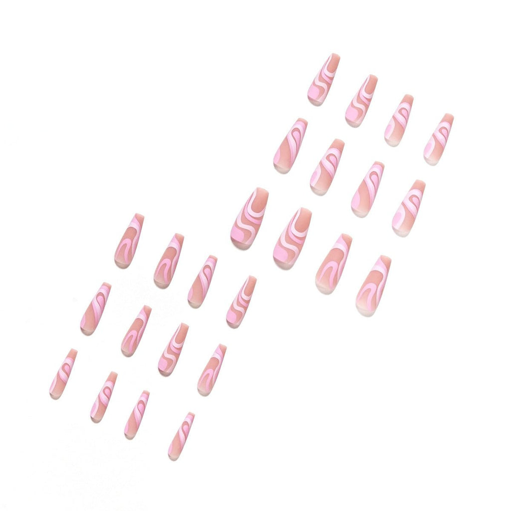 Long Coffin Press - On Nails - Nude with Pink & White Abstract Swirls - lynnsnail