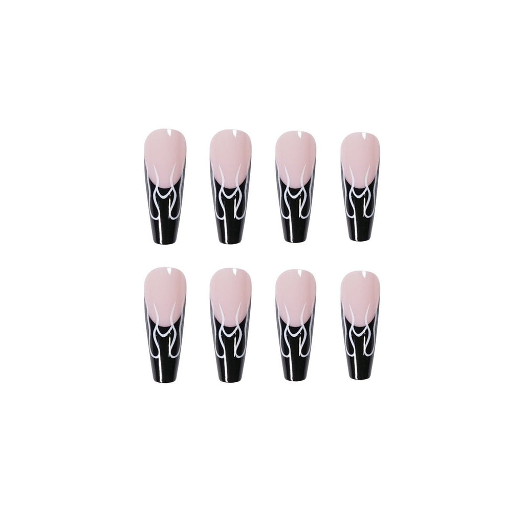 Long Square Press - On Nails - Black Flame French Tip - lynnsnail