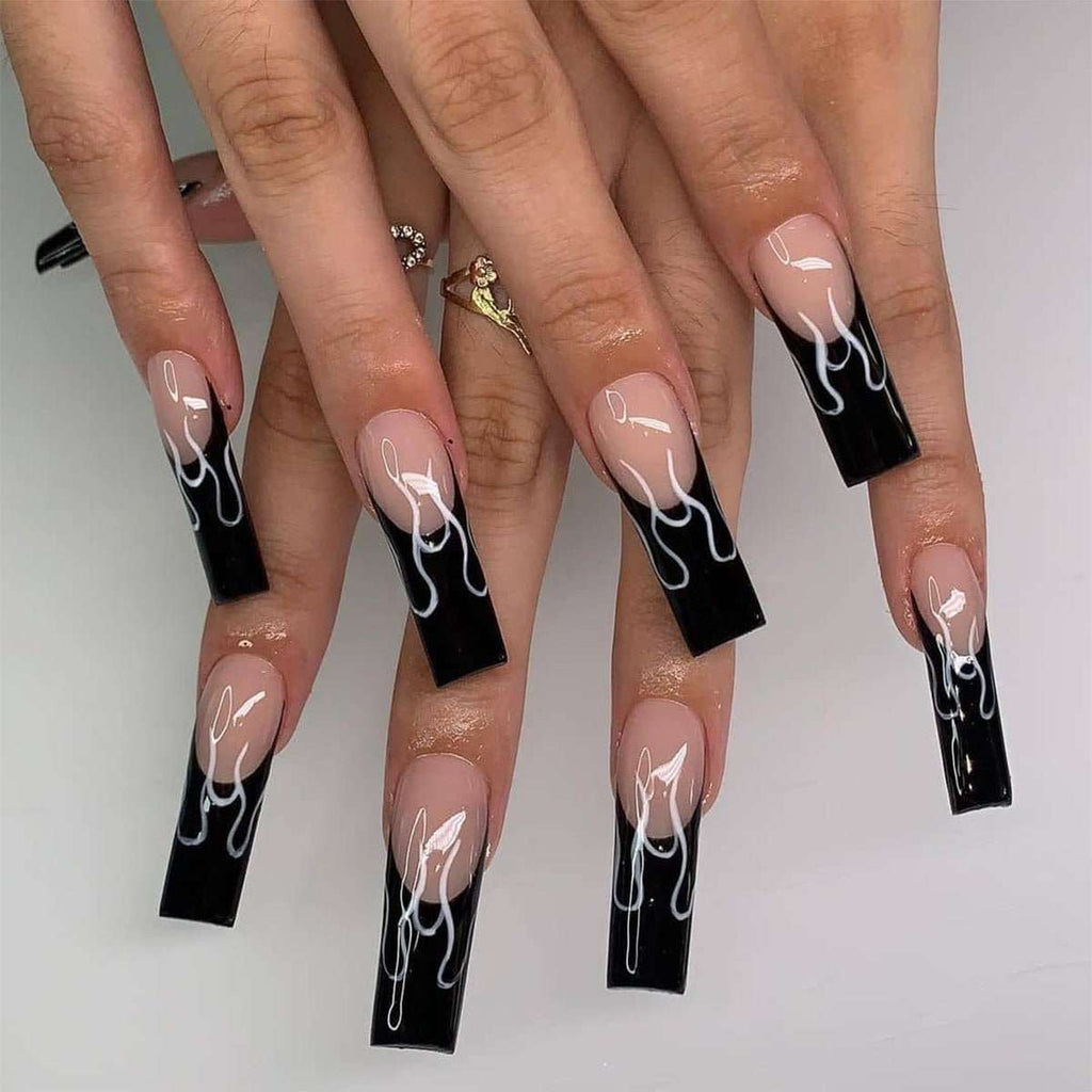Long Square Press - On Nails - Black Flame French Tip - lynnsnail