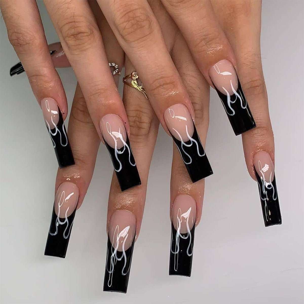 Long Square Press - On Nails - Black Flame French Tip - lynnsnail
