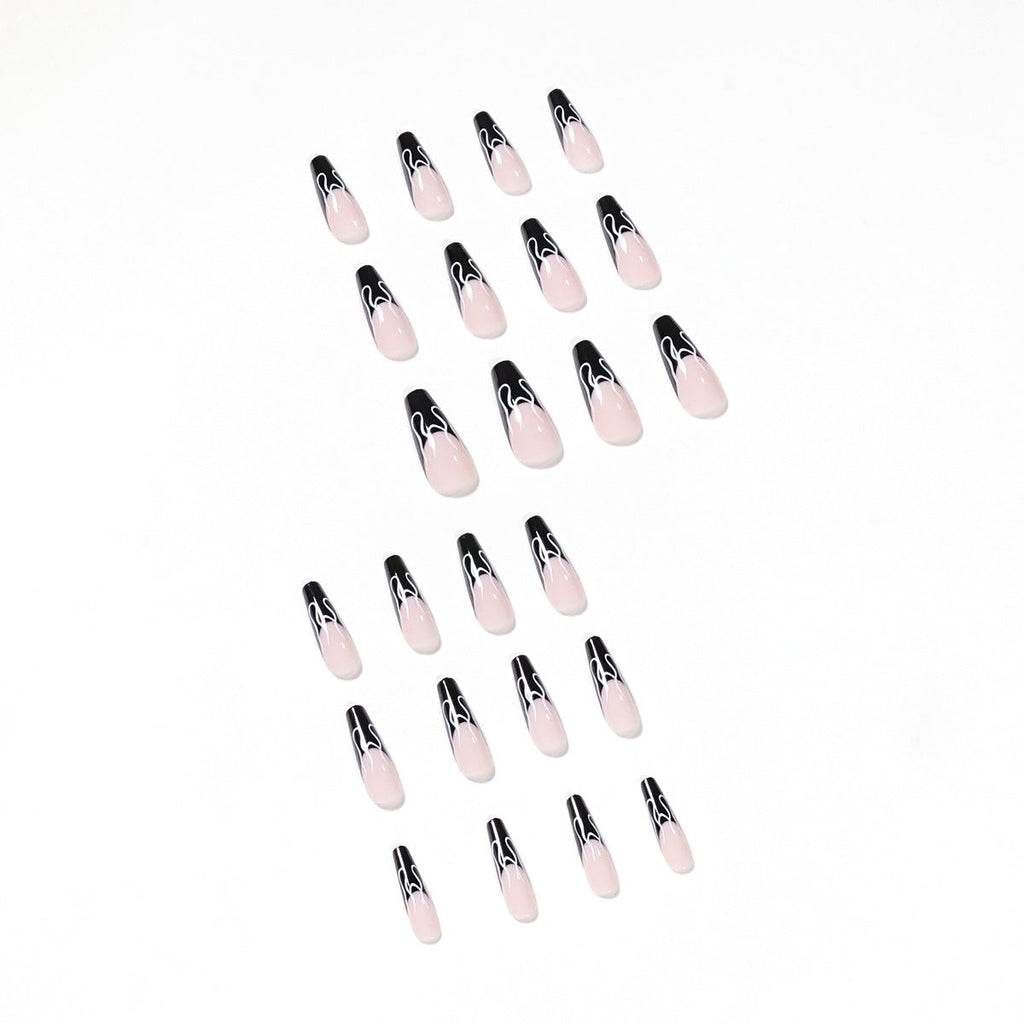 Long Square Press - On Nails - Black Flame French Tip - lynnsnail