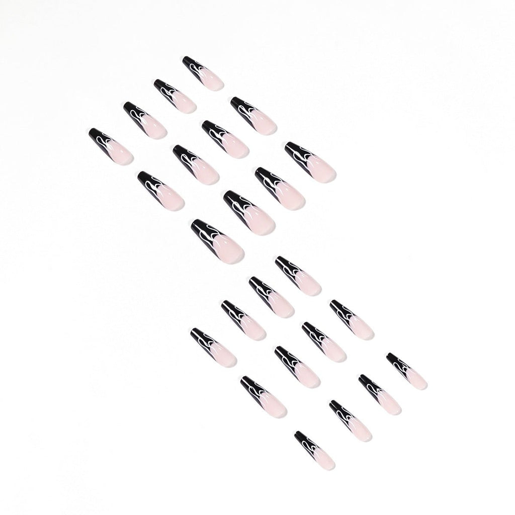 Long Square Press - On Nails - Black Flame French Tip - lynnsnail