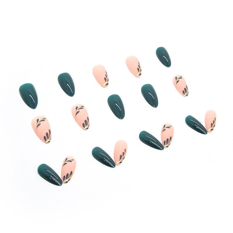 Medium Almond Press - On Nails - Dark Green Leaves & Gold Accents - lynnsnail