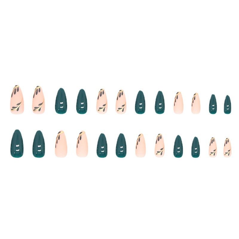 Medium Almond Press - On Nails - Dark Green Leaves & Gold Accents - lynnsnail