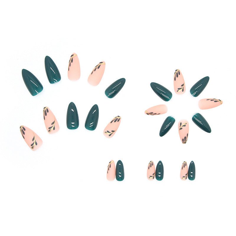 Medium Almond Press - On Nails - Dark Green Leaves & Gold Accents - lynnsnail