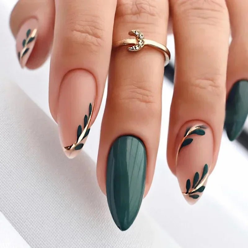 Medium Almond Press - On Nails - Dark Green Leaves & Gold Accents - lynnsnail
