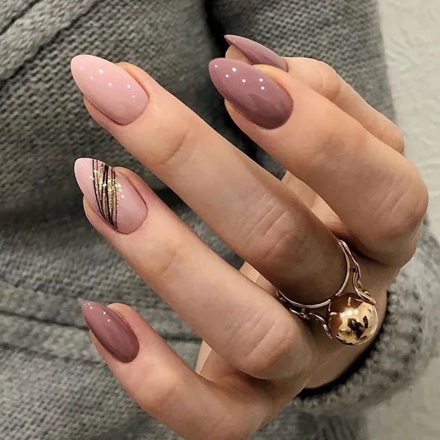 Medium Almond Press - On Nails - Dusty Pink with Black & Gold Accent Lines - lynnsnail