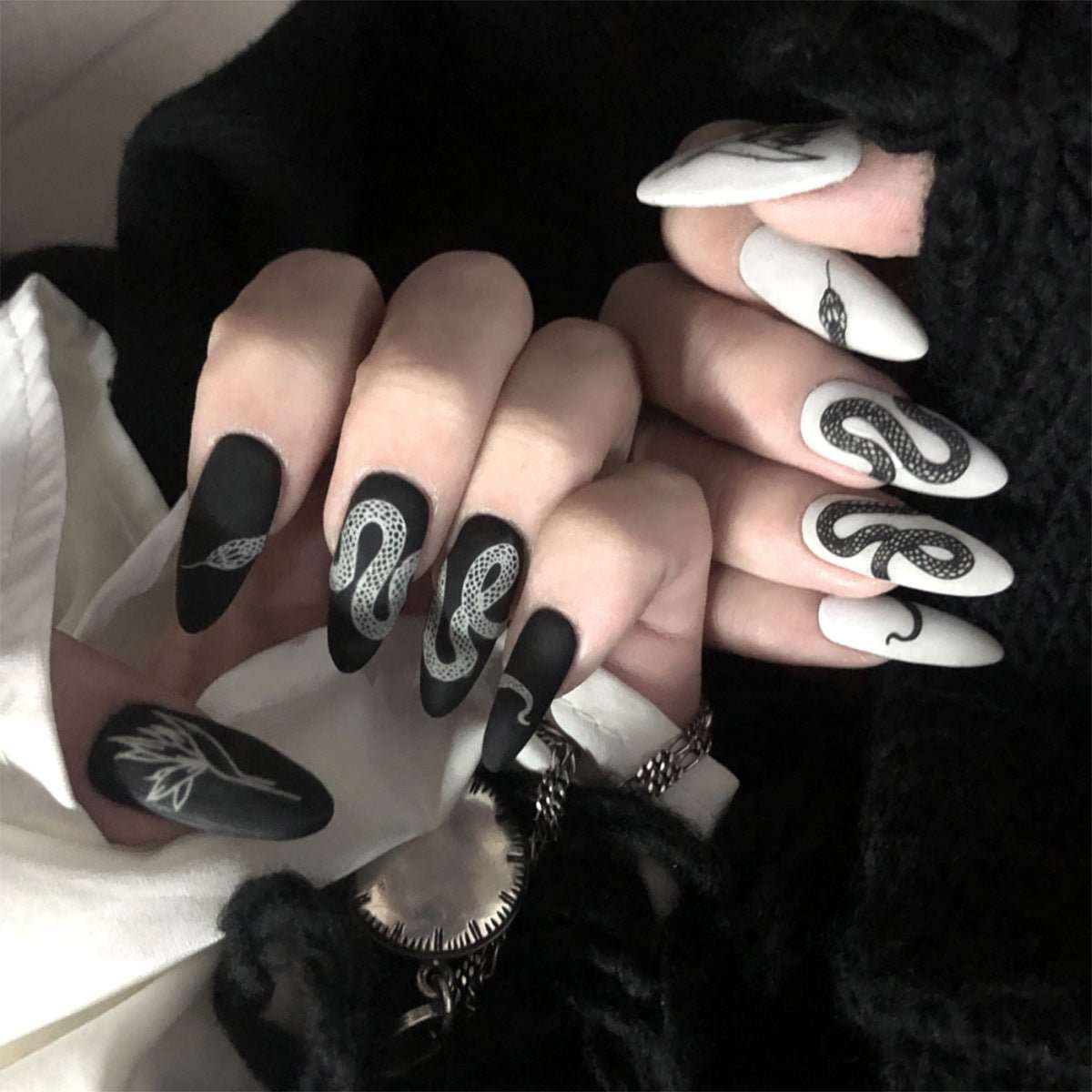 Medium Almond Press - On Nails - Matte Black & White Snake Print - lynnsnail