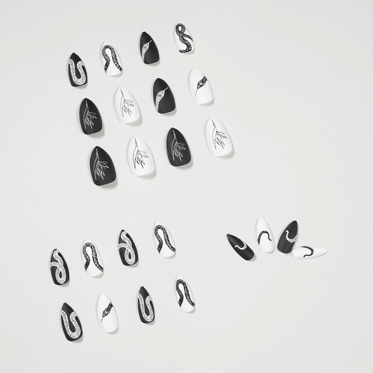 Medium Almond Press - On Nails - Matte Black & White Snake Print - lynnsnail