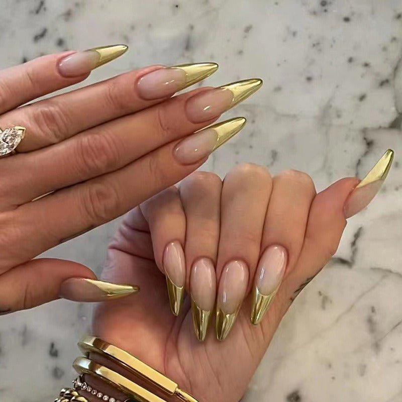 Medium Almond Press - On Nails - Nude with Metallic Gold French Tip - lynnsnail
