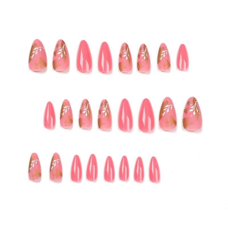Medium Almond Press - On Nails - Pink with White Leaves & Gold Foil - lynnsnail