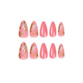 Medium Almond Press - On Nails - Pink with White Leaves & Gold Foil - lynnsnail