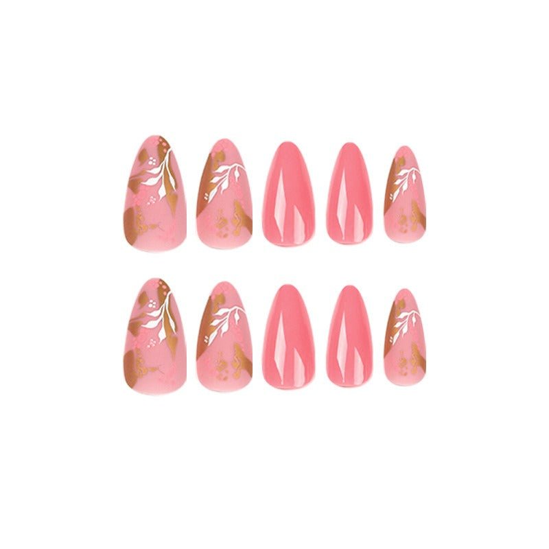 Medium Almond Press - On Nails - Pink with White Leaves & Gold Foil - lynnsnail