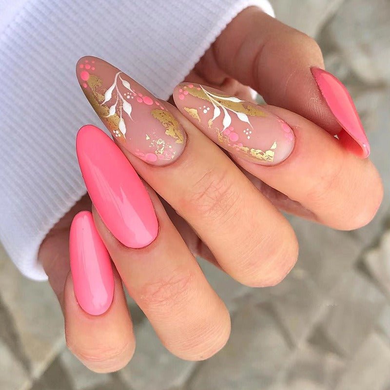 Medium Almond Press - On Nails - Pink with White Leaves & Gold Foil - lynnsnail
