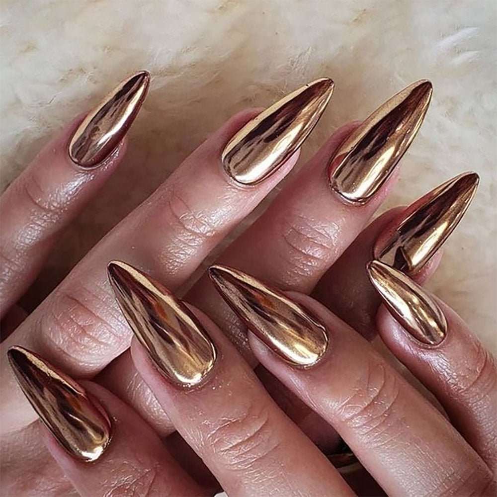 Medium Stiletto Press - On Nails - Metallic Bronze Chrome - lynnsnail